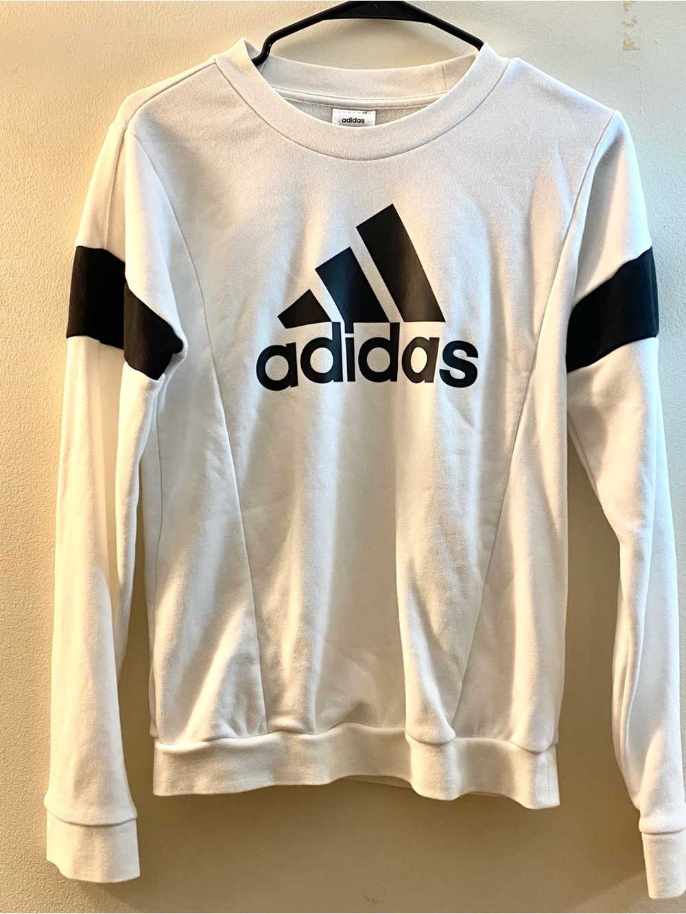 Adidas White Crew Sweatshirt with Black Logo and Sleeve Stripes XS New no tags